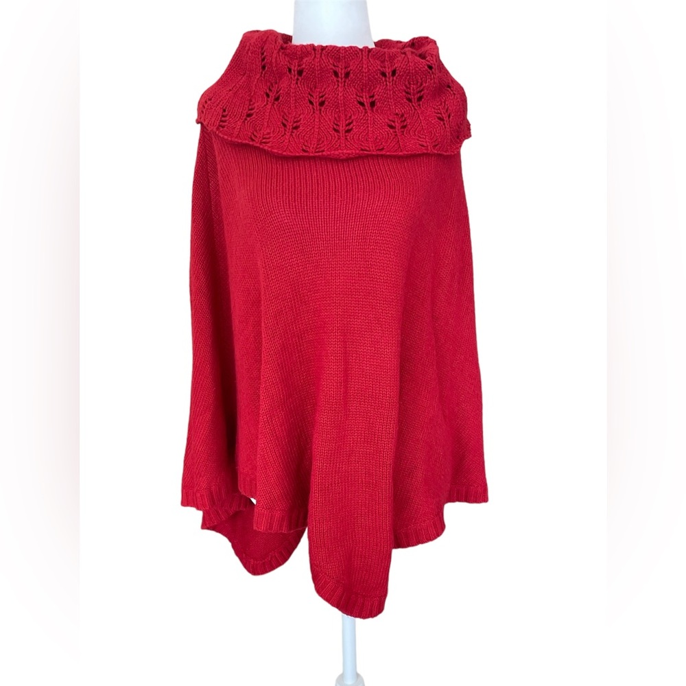 Chico's Red Knit Poncho with Fold-Over Lace Collar